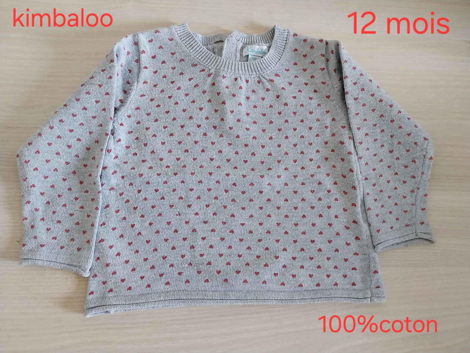Pull léger gris motif cœur fille 12 mois
